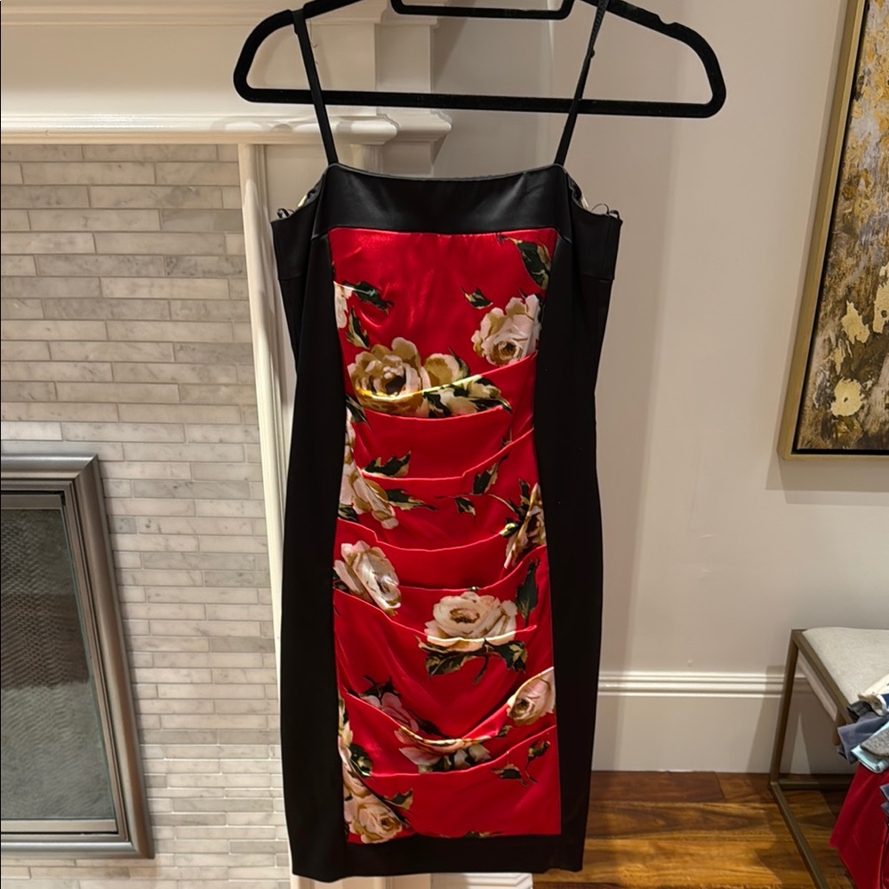Floral Satin Dress - Black and Red